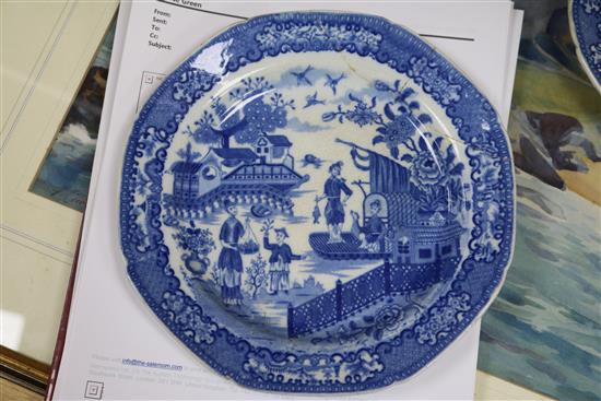 A Chinese blue and white bowl, five plates and two cups